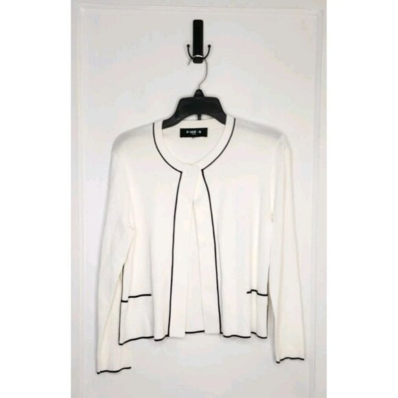 Size Large Paule Ka Ivory Knit Cardigan Black Piping Detail Top Button Closure - Picture 1 of 6